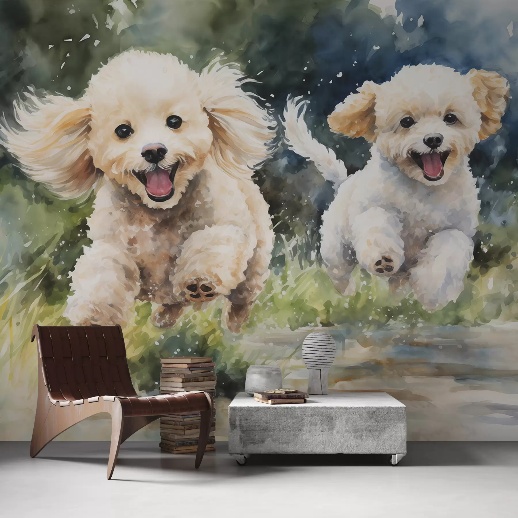 Murale Aquarelle de petits chiens qui courent w00940