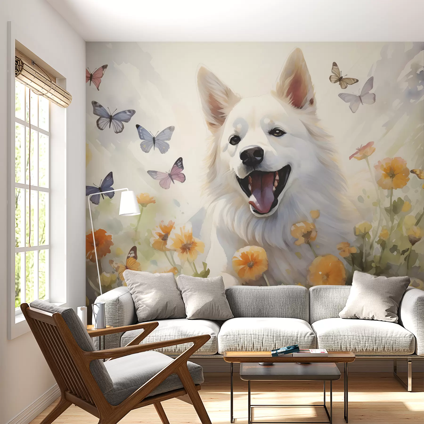 Murale Chien blanc parmi les papillons et les fleurs à l'aquarelle w00941