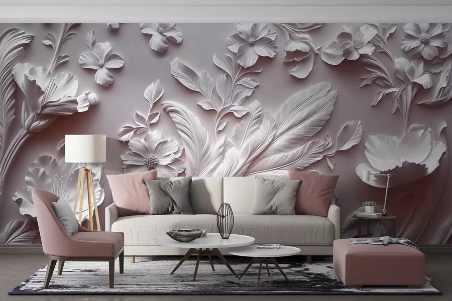 Murale Fleurs et feuilles en relief exquises dans des tons roses w01356v1