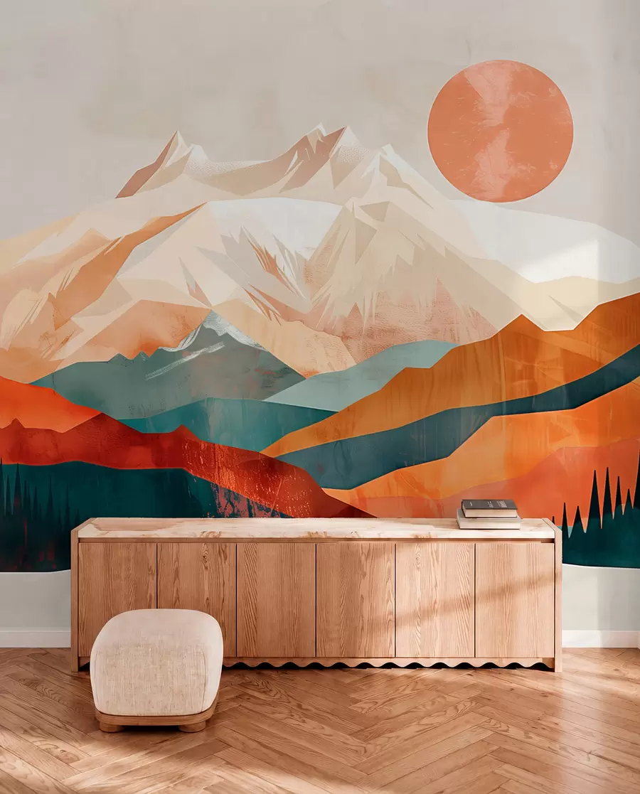 Murale Le bonheur bohème : un paysage serein de montagnes, d'arbres et de soleil w01358