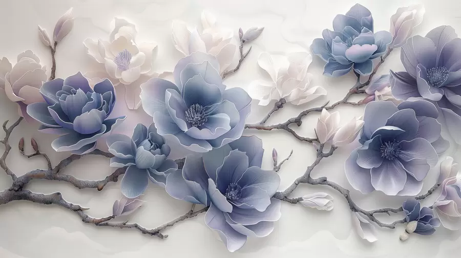 Fototapete Blau geprägte Magnolienblüten auf einem anmutigen Zweig w01359v1