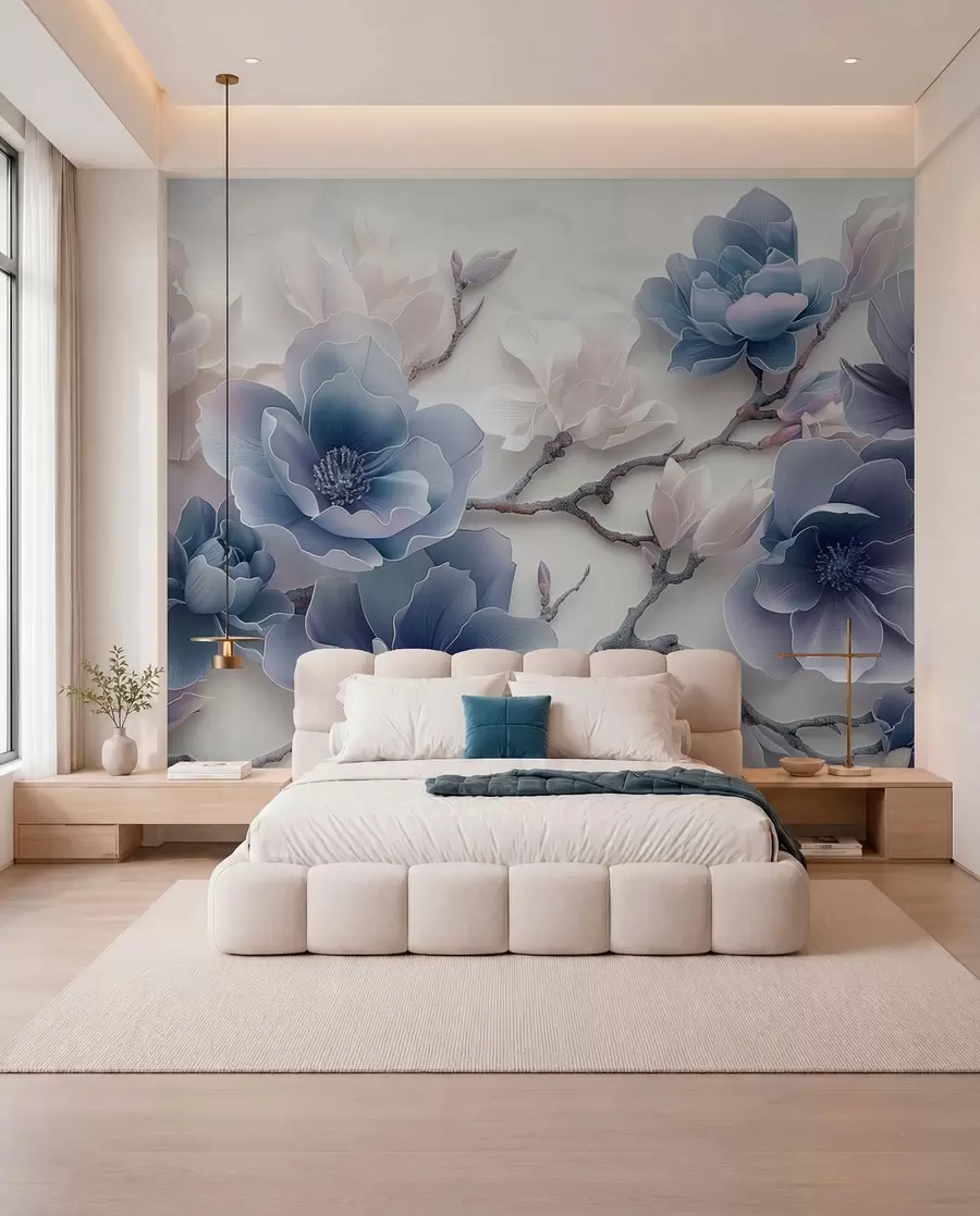 fototapeter Blå prægede magnolia blomster på en yndefuld gren w01359v1