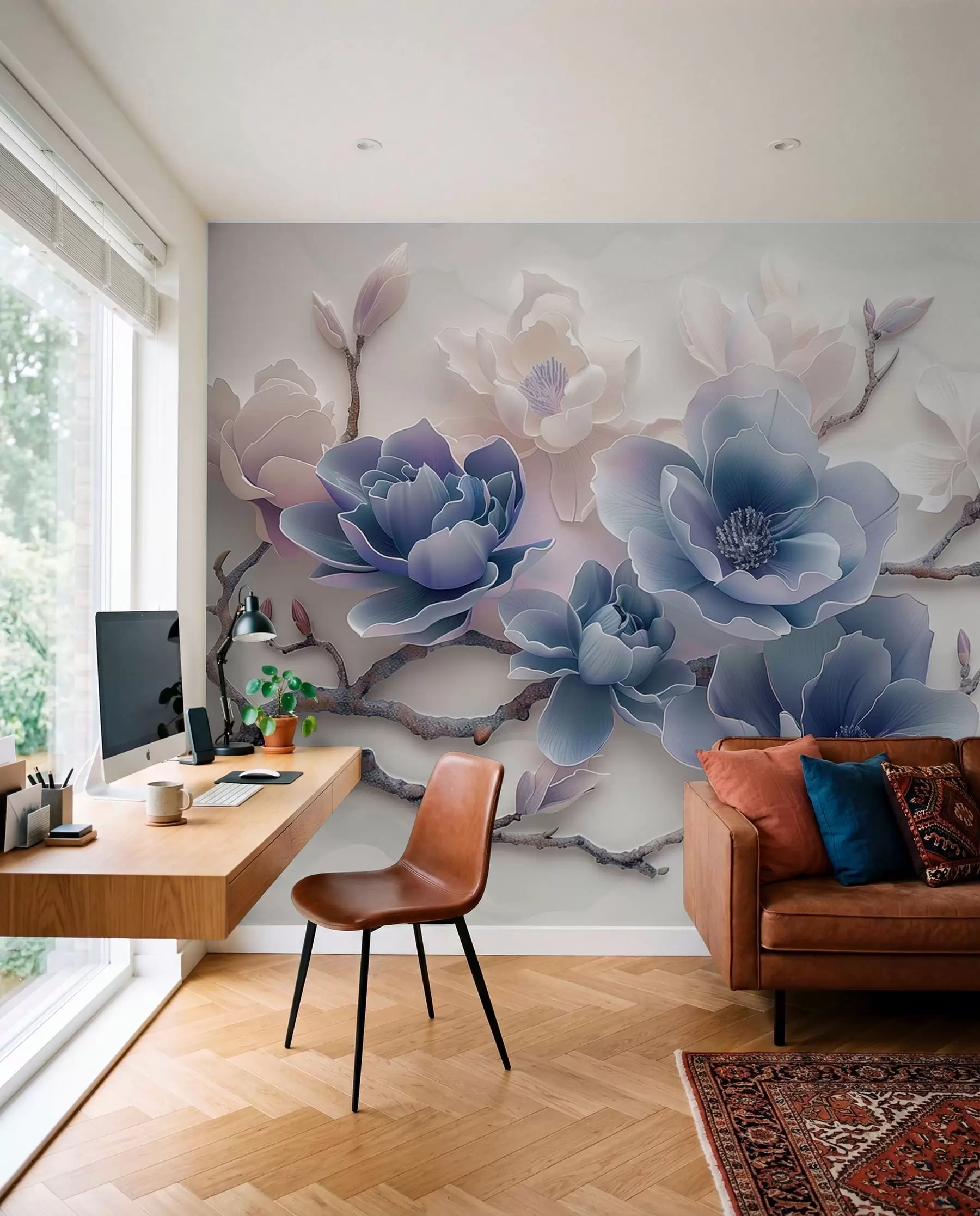 Fototapete Blau geprägte Magnolienblüten auf einem anmutigen Zweig w01359v1
