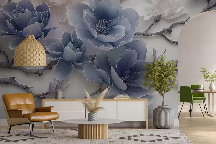 Fototapete Blau geprägte Magnolienblüten auf einem anmutigen Zweig w01359v1