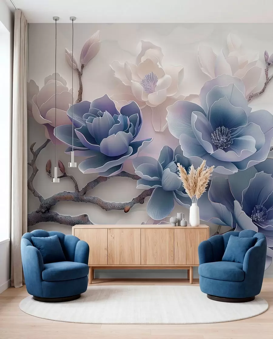 fototapeter Blå prægede magnolia blomster på en yndefuld gren w01359v1