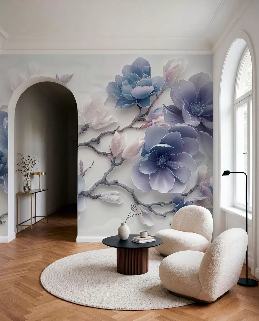 fototapeter Blå prægede magnolia blomster på en yndefuld gren w01359v1