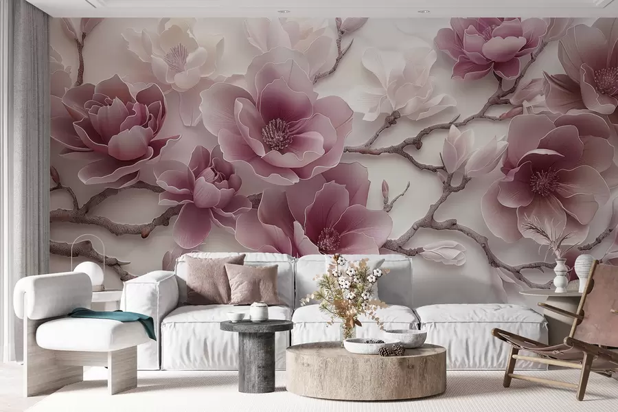 fototapeter Pink prægede magnolia blomster på en yndefuld gren w01359v2