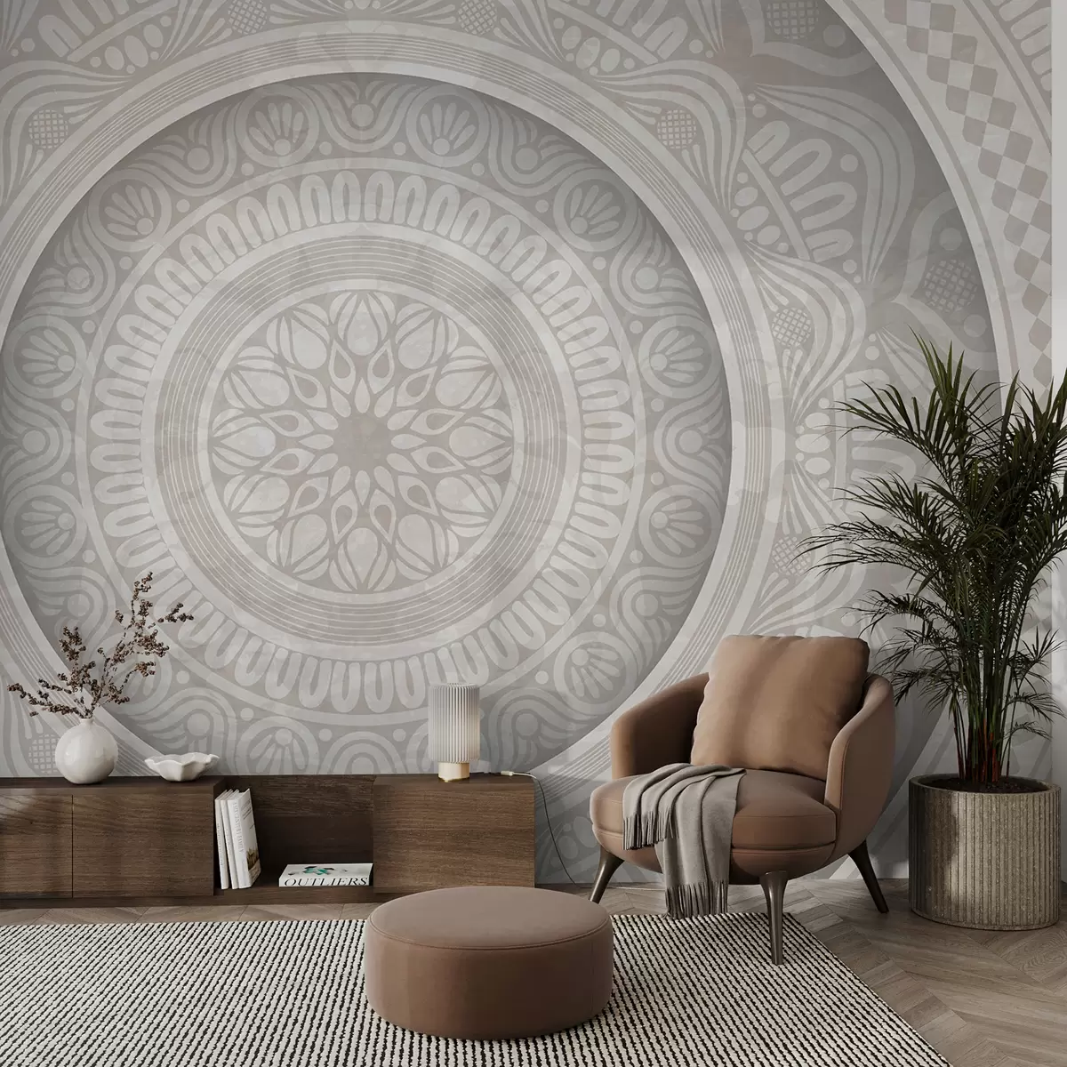 fototapeter Et detaljeret symmetrisk grå og hvid mandala print med koncentriske cirkler og geometriske former   w08182