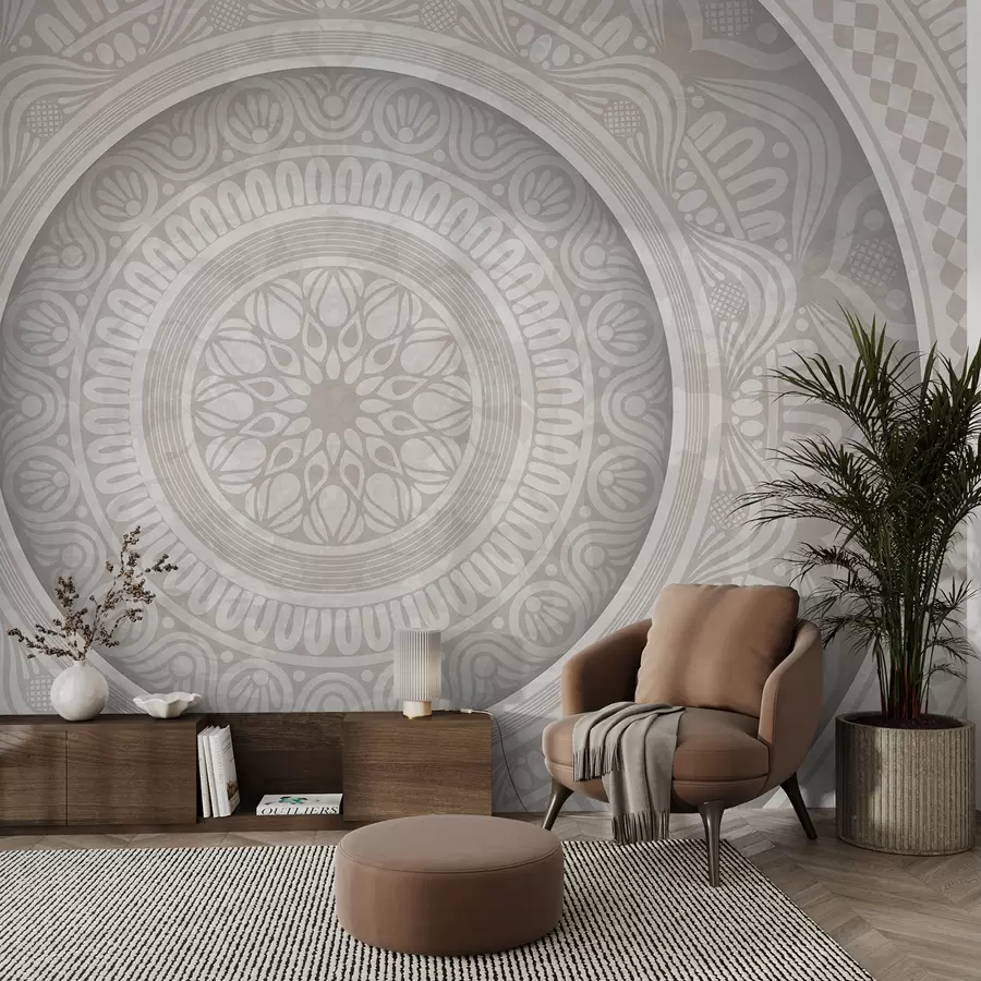 fototapeter Et detaljeret symmetrisk grå og hvid mandala print med koncentriske cirkler og geometriske former   w08182