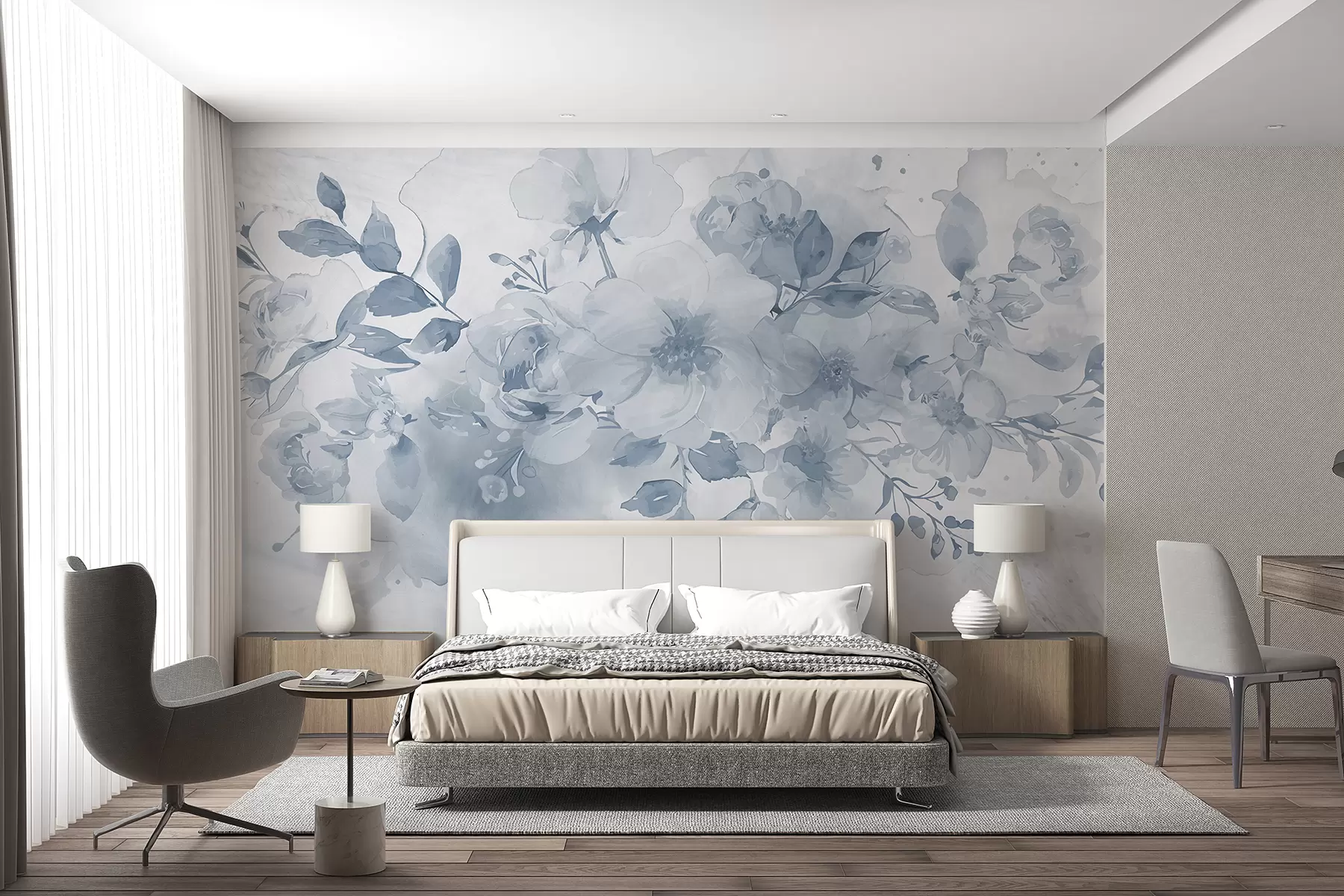 Murale Motif floral doux et flou dans les tons de gris et de blanc, avec des fleurs et des feuilles délicates w08189