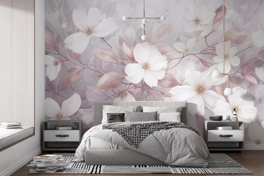 Fototapete Zarte rosa und weiße Magnolienblüten blühen auf weichen, verschwommenen Zweigen vor einem blassen Hintergrund w08196