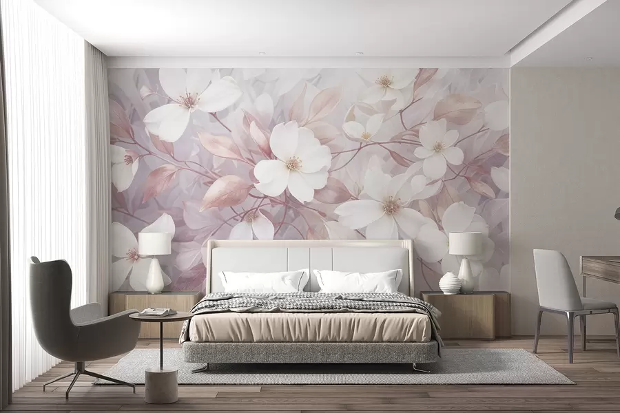 Fototapete Zarte rosa und weiße Magnolienblüten blühen auf weichen, verschwommenen Zweigen vor einem blassen Hintergrund w08196