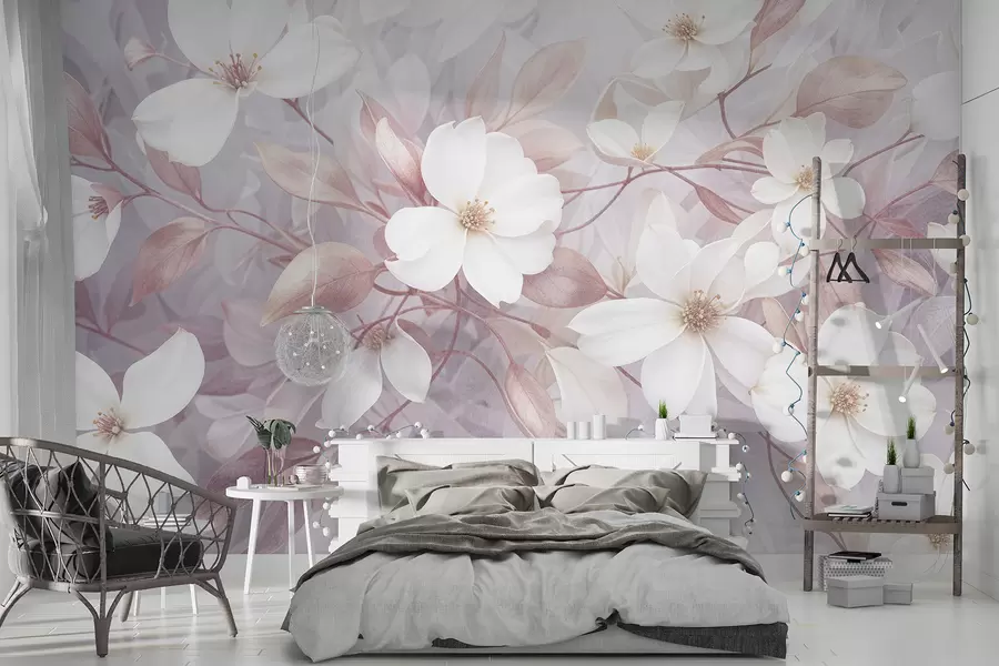 Fototapete Zarte rosa und weiße Magnolienblüten blühen auf weichen, verschwommenen Zweigen vor einem blassen Hintergrund w08196