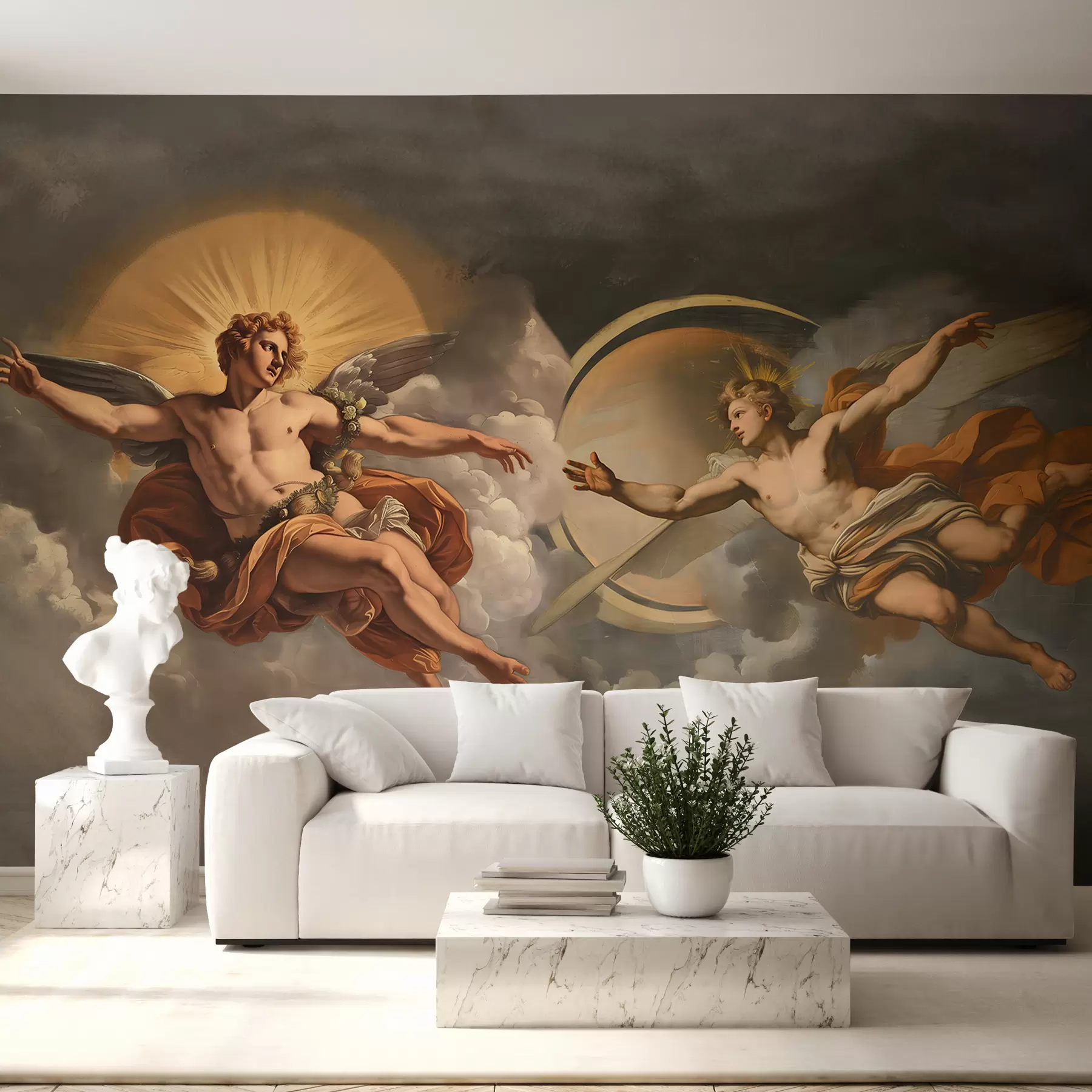 Fototapete Wandbild im Stil von Renaissancefresken in Beige- und Dunkeltönen. Zwei männliche Göttergestalten reichen sich die Hände w08137