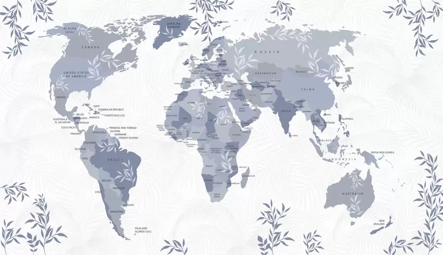 Murale Carte du monde élégante avec des feuilles et des plantes de couleur bleue w08211v4
