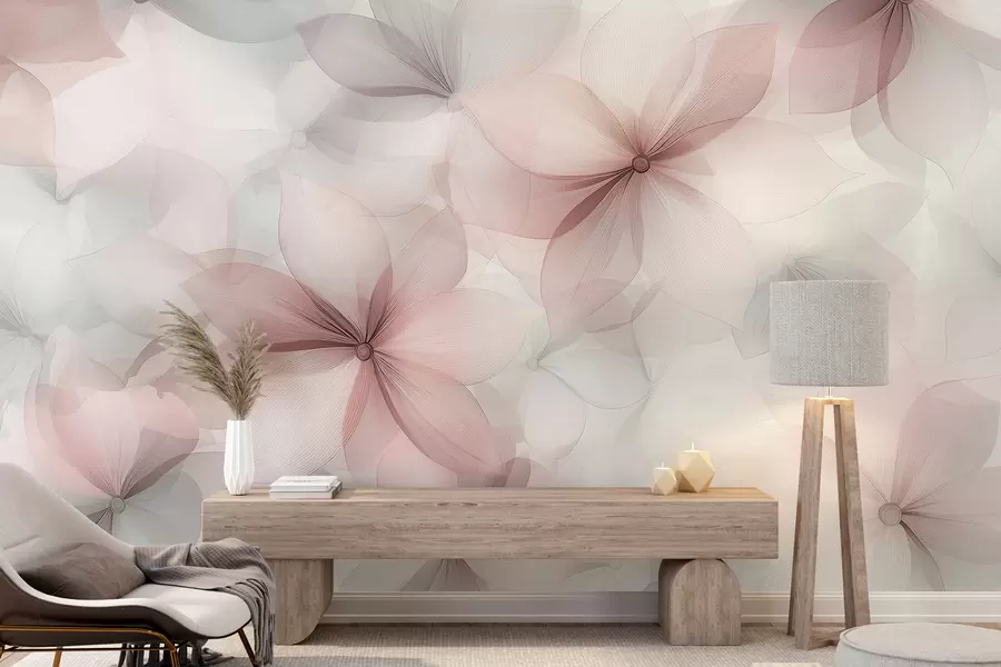 fototapeter Blomstersammensætning, bløde pink og grå farver, blomstermønster w01446v1