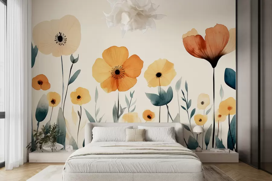 Fototapete Aquarell Wiesenblumen, rustikal, florale Komposition, einfache Zeichnung, Beige, Orange, Blau w01453