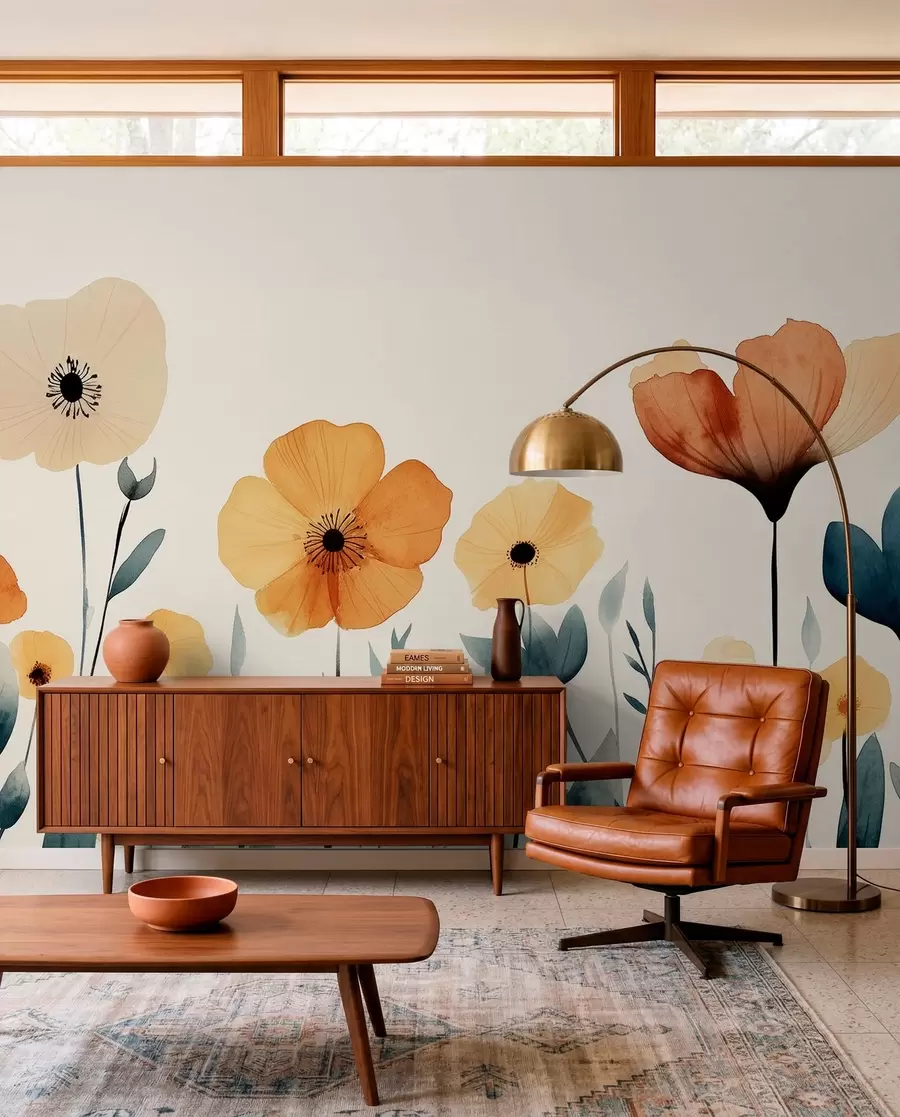 fototapeter Akvarel engblomster, rustik, blomstersammensætning, enkel tegning, beige, orange, blå  w01453