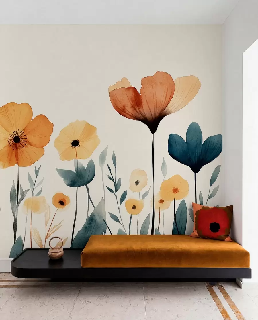 fototapeter Akvarel engblomster, rustik, blomstersammensætning, enkel tegning, beige, orange, blå  w01453