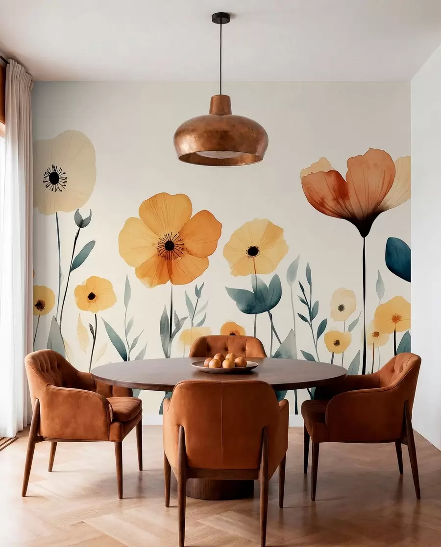 fototapeter Akvarel engblomster, rustik, blomstersammensætning, enkel tegning, beige, orange, blå  w01453