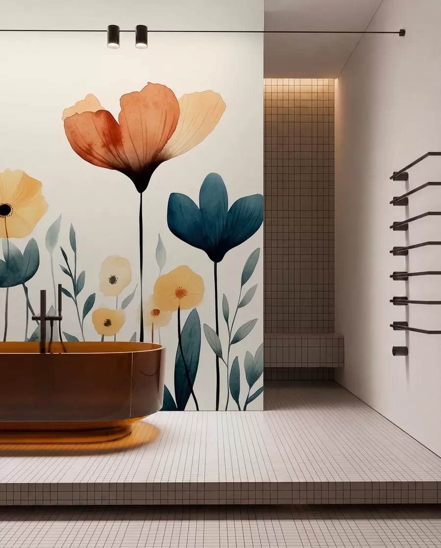 fototapeter Akvarel engblomster, rustik, blomstersammensætning, enkel tegning, beige, orange, blå  w01453