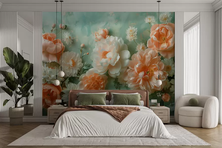 Fototapete Sanfte Komposition aus Pfingstrosen und Chrysanthemen auf smaragdgrünem Hintergrund w01426