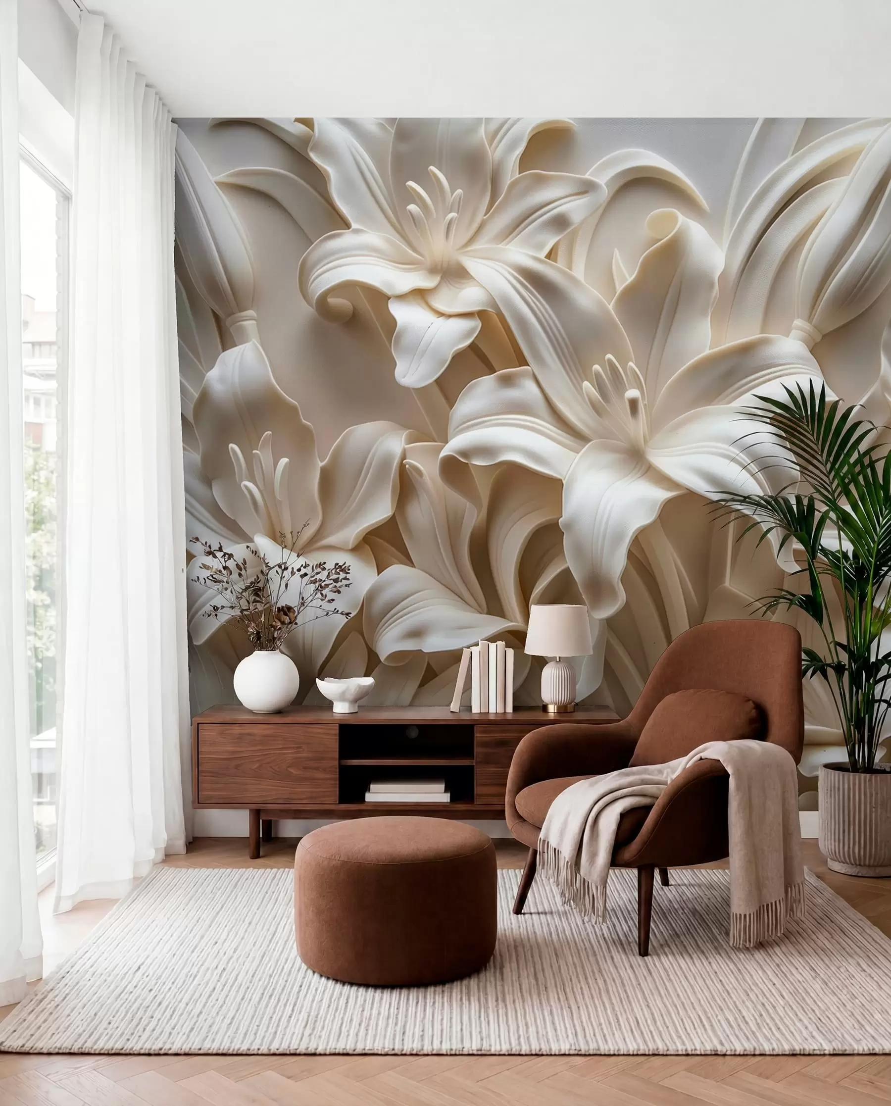 Murale Élégant relief 3D beige de lys sculptés w01433