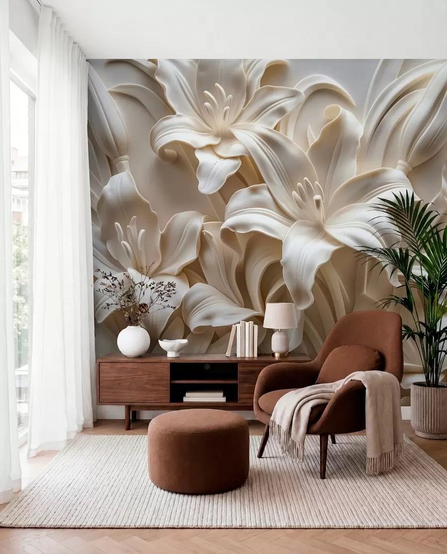 fototapeter Elegant beige 3d relief af udskårne liljer w01433