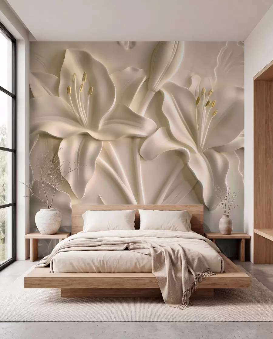 fototapeter Bas-relief af store beige liljer w01434
