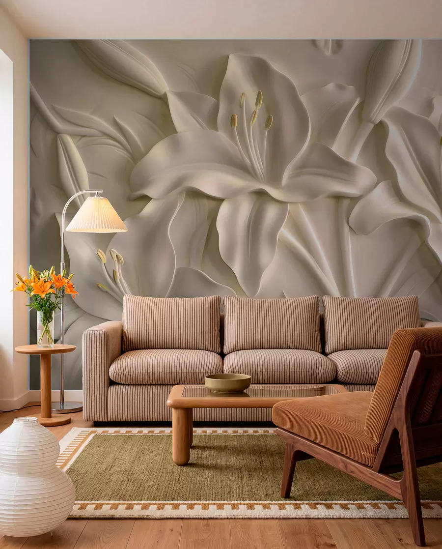 fototapeter Bas-relief af store beige liljer w01434