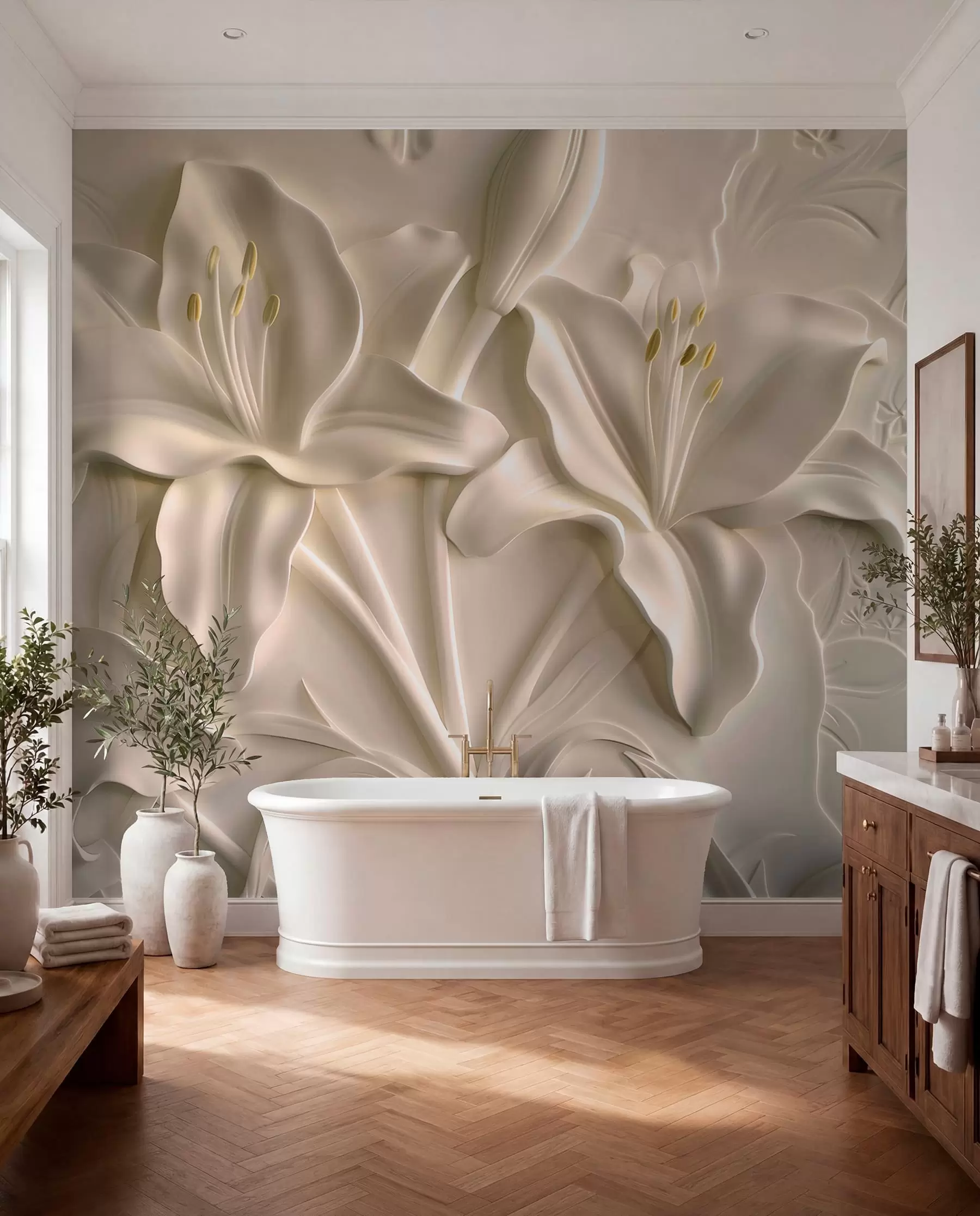 fototapeter Bas-relief af store beige liljer w01434