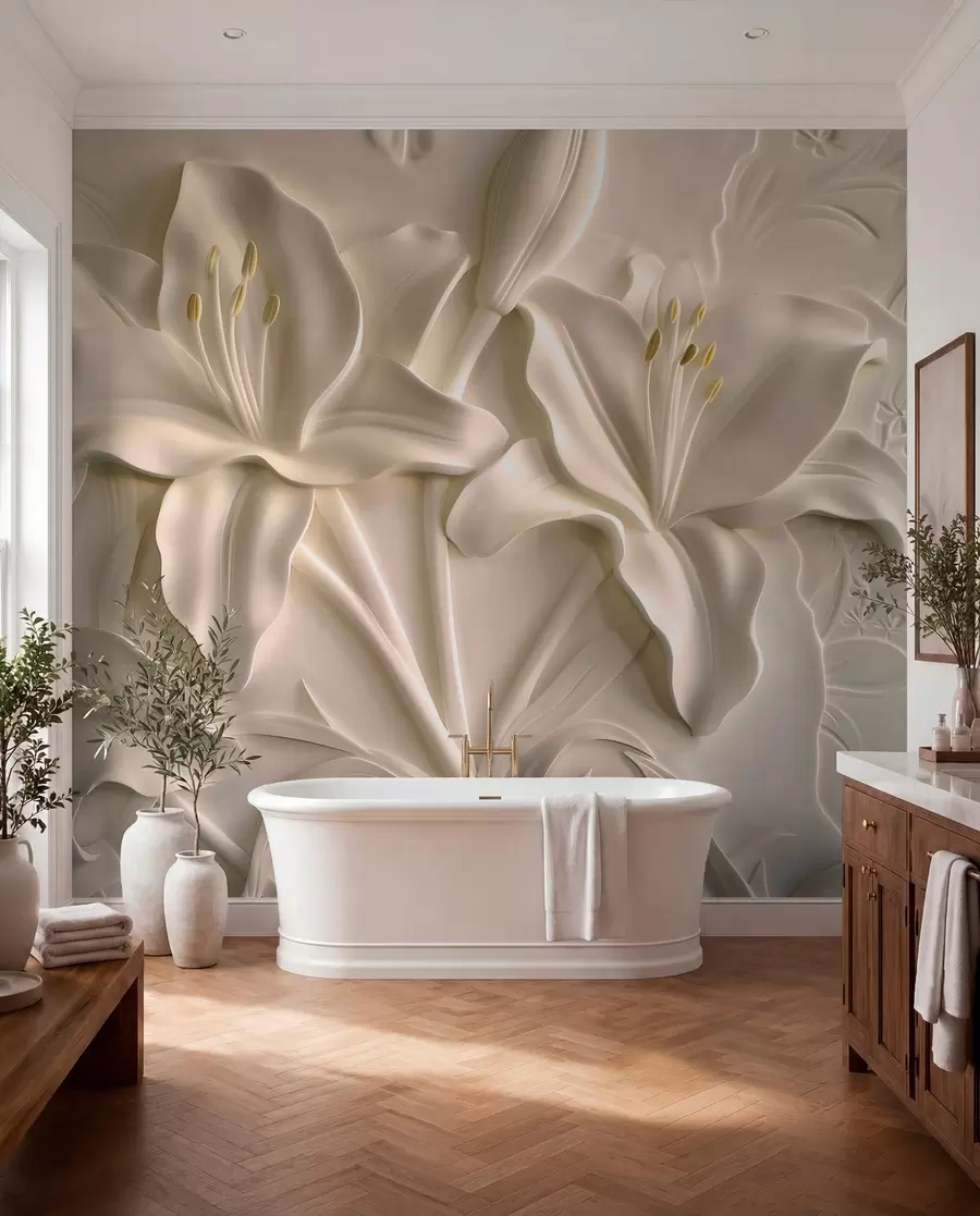 fototapeter Bas-relief af store beige liljer w01434