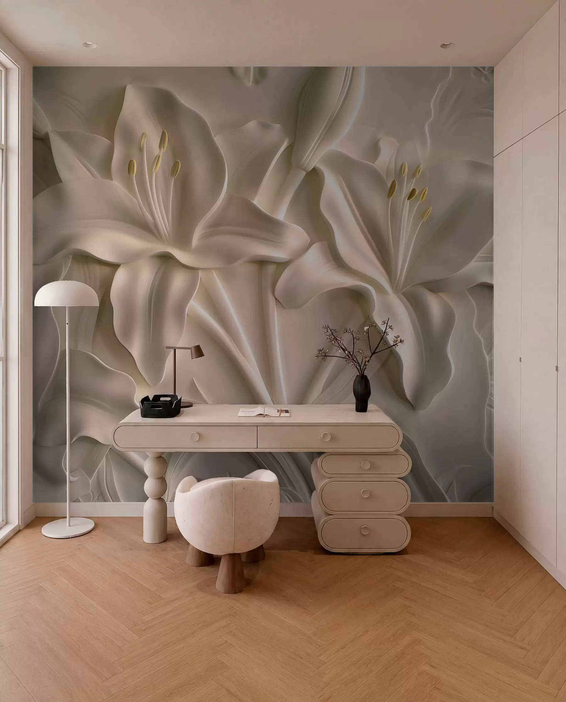 fototapeter Bas-relief af store beige liljer w01434