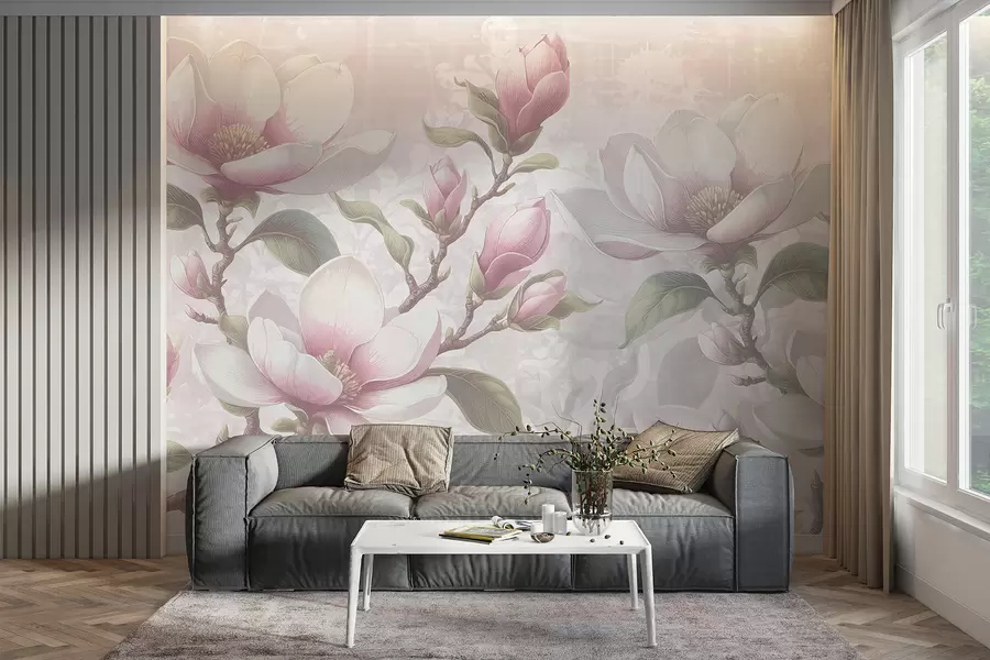 fototapeter Delikate lyserøde magnoliablomster i fuldt flor mod en blød, sløret baggrund w08216