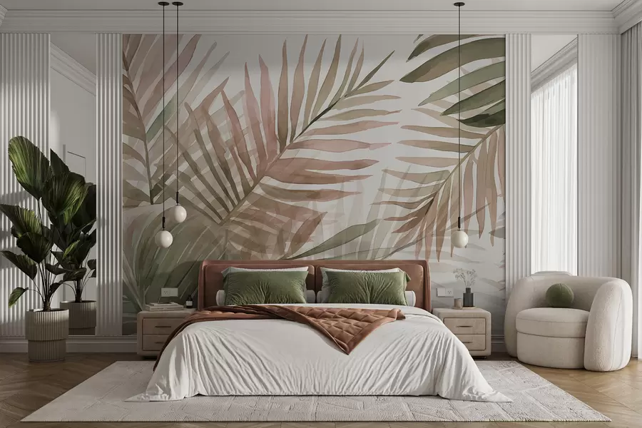 Fototapete Palmenblätter in Aquarell in verschiedenen Grün- und Rosatönen vor hellem Hintergrund w08218