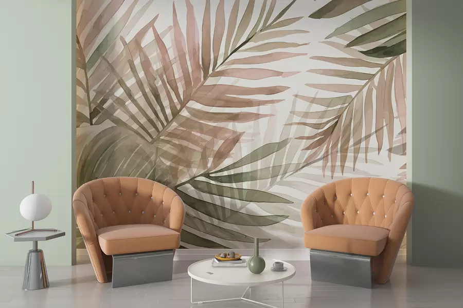 Fototapete Palmenblätter in Aquarell in verschiedenen Grün- und Rosatönen vor hellem Hintergrund w08218