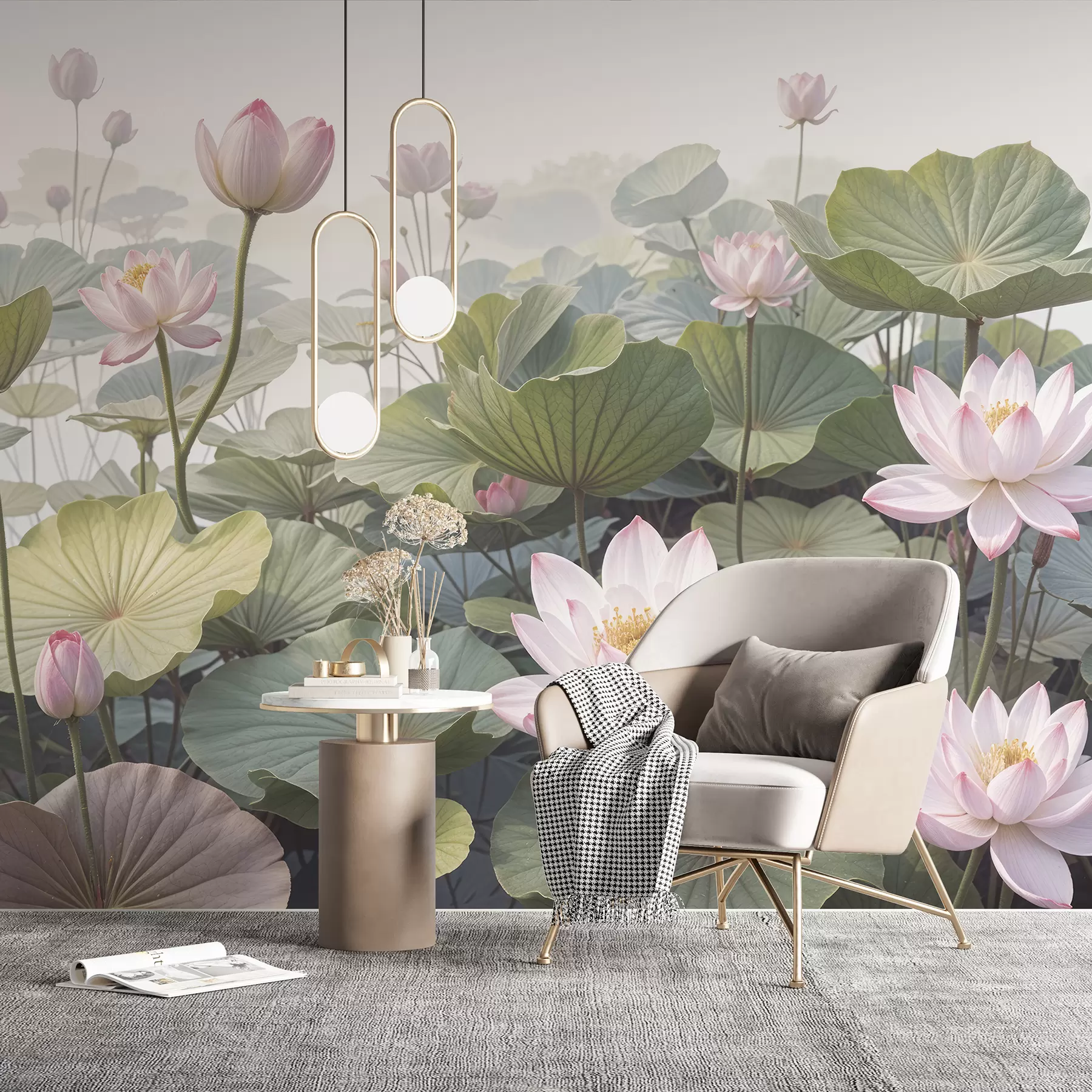 Fototapete Rosa und weiße Lotusblüten mit großen grünen Blättern, umgeben von einem neblig-atmosphärischen Hintergrund w08221