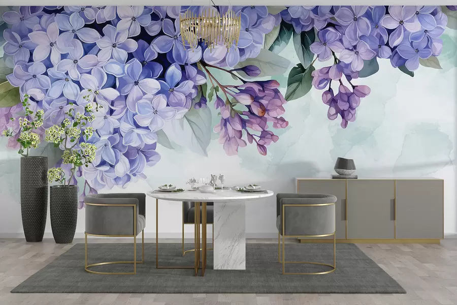 Murale Fleurs d'hortensia violettes vibrantes avec des feuilles vertes, remplissant le cadre sur un fond doux et flou w08223