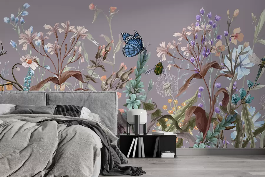 Murale Une illustration violette colorée d'une scène de jardin fleuri luxuriant avec des insectes dans un style onirique et fantastique w08234v1