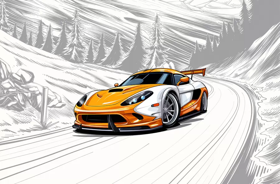 fototapeter En orange sportsvogn på en grå skitseret vejbaggrund blandt bjerge og grantræer. Til at dekorere et drengeværelse w00954