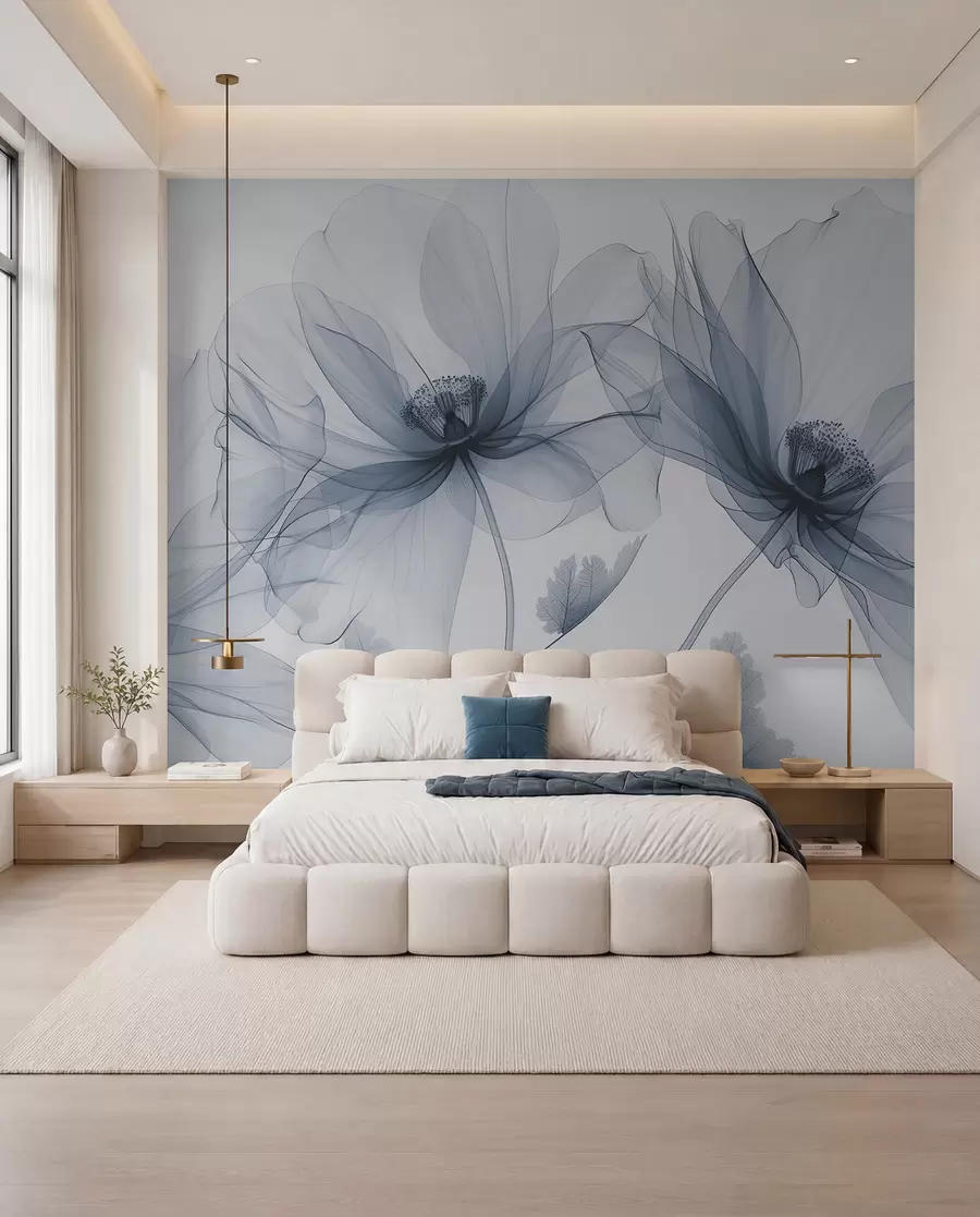 Fototapete Blaue transparente Blume im Röntgenstil auf weißem Hintergrund minimalistisches monochromes botanisches Design w01482v1