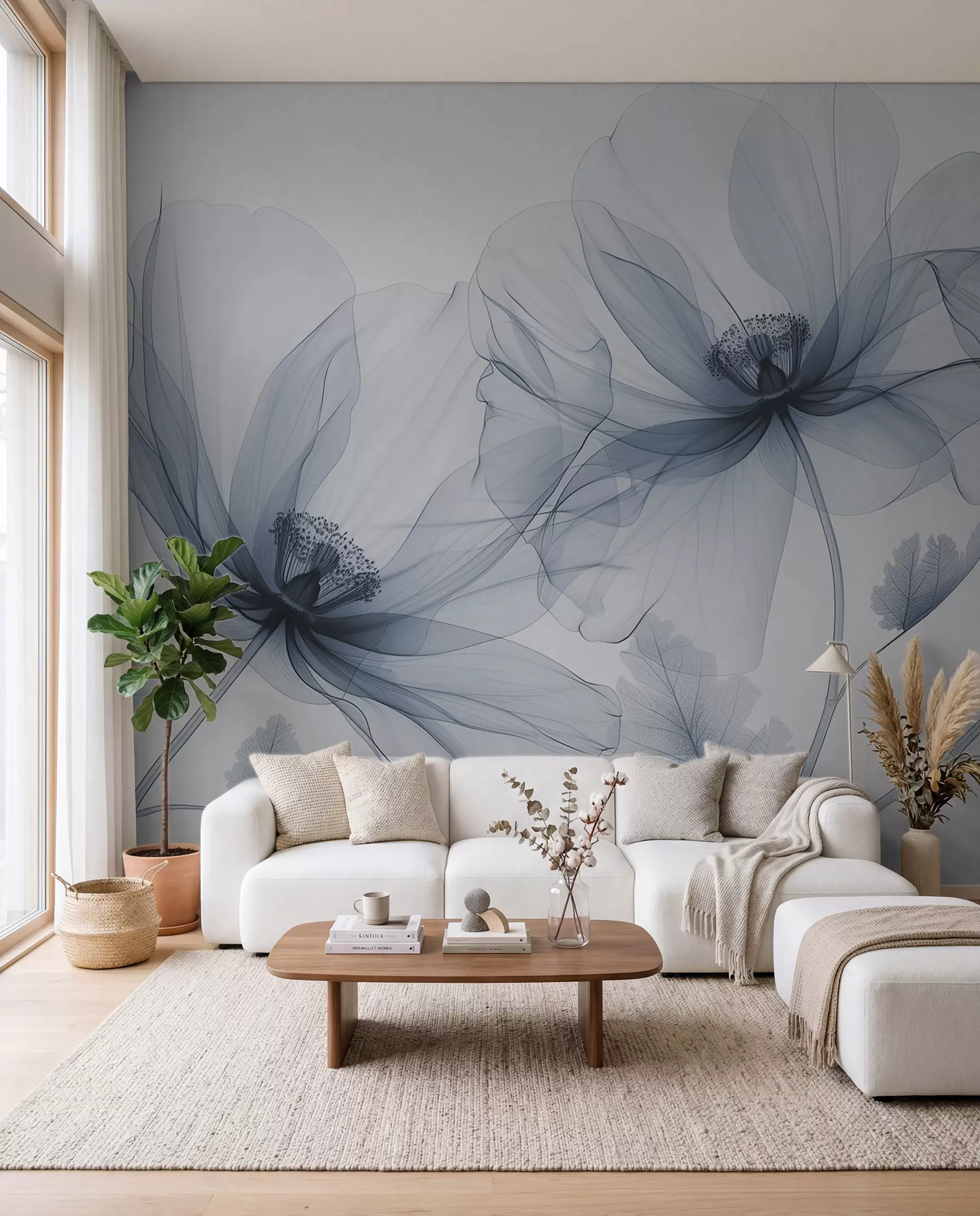 fototapeter Blå gennemsigtig blomst i røntgenstil på hvid baggrund Minimalistisk monokrom botanisk design w01482v1