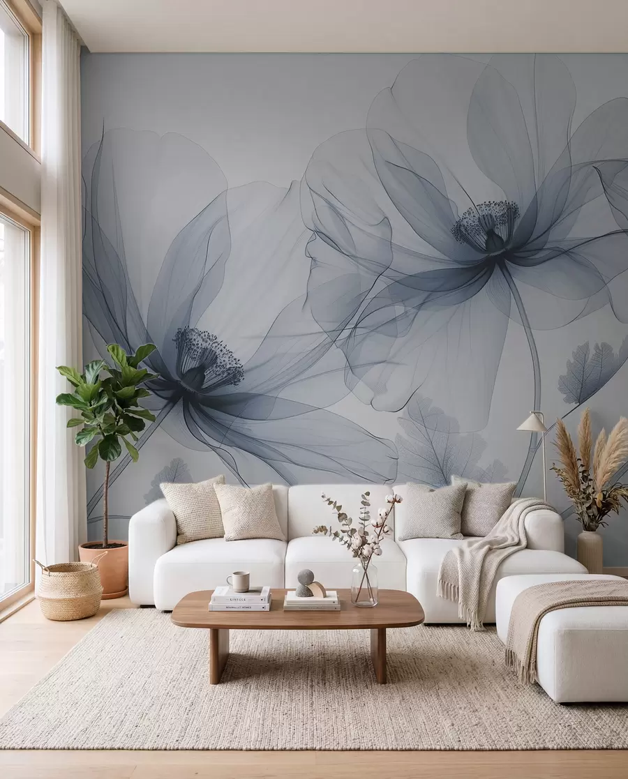 fototapeter Blå gennemsigtig blomst i røntgenstil på hvid baggrund Minimalistisk monokrom botanisk design w01482v1