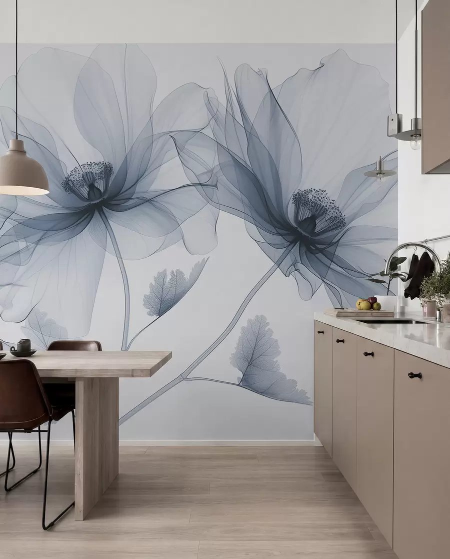 fototapeter Blå gennemsigtig blomst i røntgenstil på hvid baggrund Minimalistisk monokrom botanisk design w01482v1