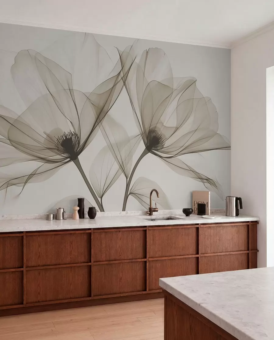 fototapeter Blå gennemsigtig blomst i røntgenstil på hvid baggrund Minimalistisk monokrom botanisk design w01482v1