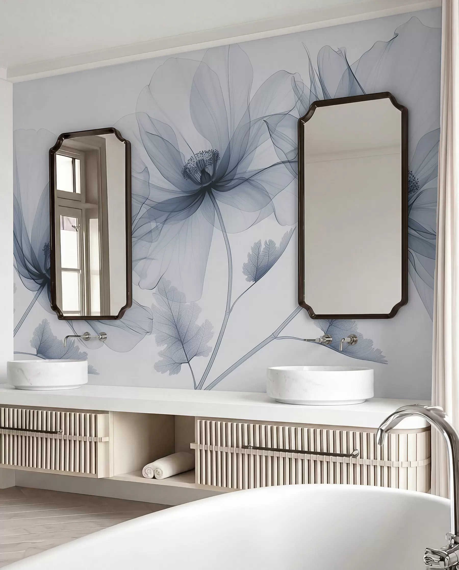 Murale Fleur bleue transparente de style rayons X sur fond blanc Design botanique monochrome minimaliste w01482v1
