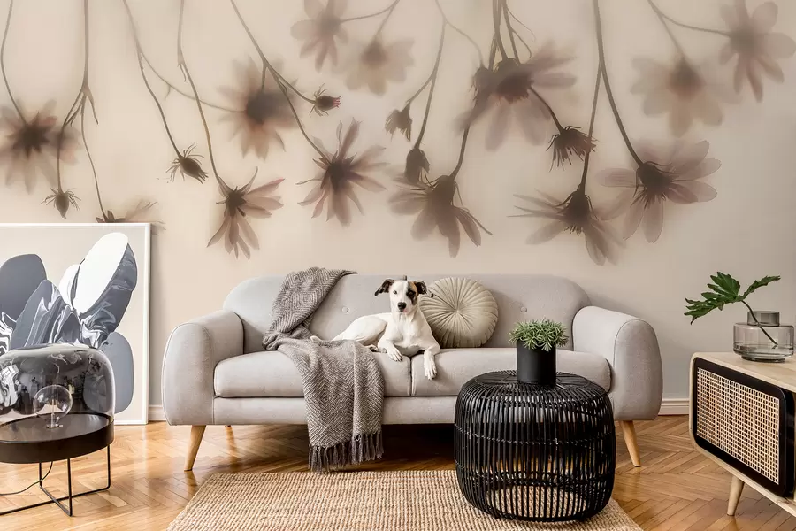 Fototapete Zarte Blüten im Nebel hängen von oben in rosa Farben w01469