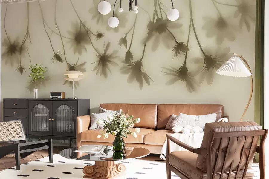 Fototapete Zarte Blüten im Nebel hängen von oben in Pastellfarben w01469v1