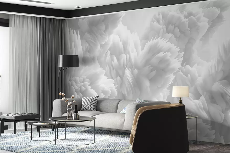 Fototapete Abstrakte Komposition aus Schneekristallen in einem mehrschichtigen Federmuster in ätherischer Atmosphäre w01474