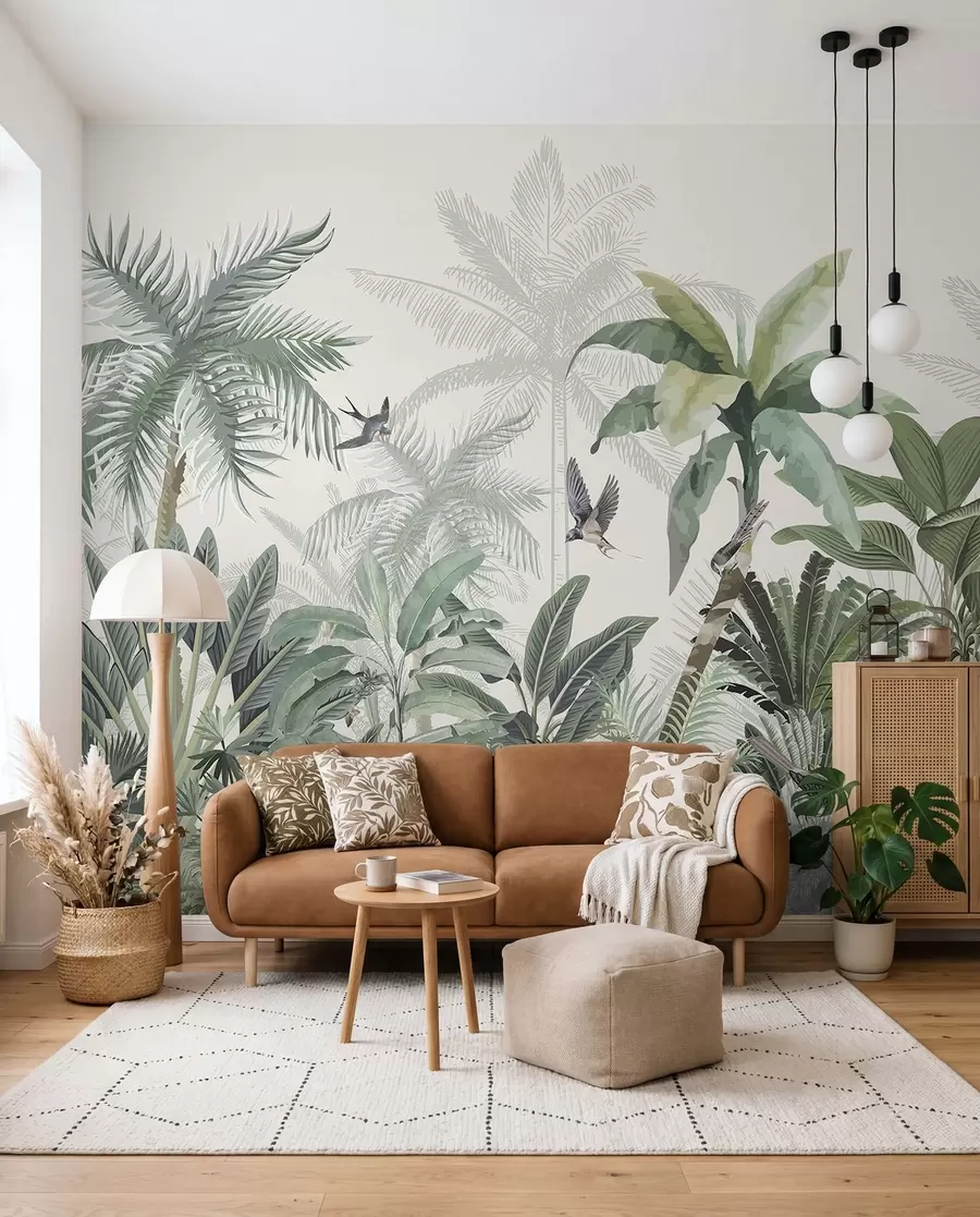 fototapeter En frodig tropisk junglescene med forskellige palmer, store blade og farverige blomster i forgrunden w08239
